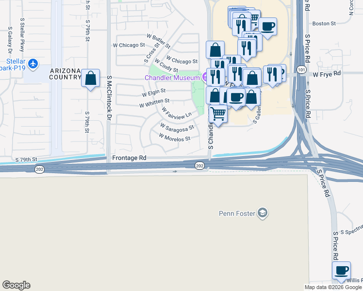 map of restaurants, bars, coffee shops, grocery stores, and more near 3624 West Morelos Street in Chandler