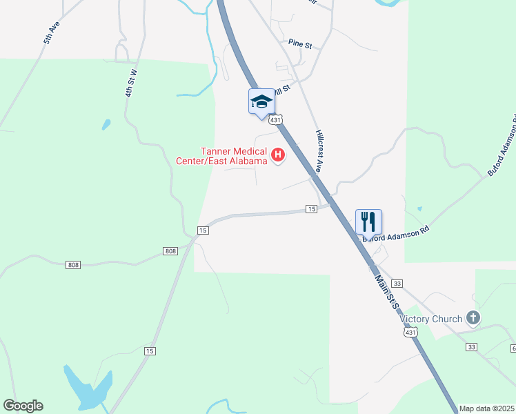map of restaurants, bars, coffee shops, grocery stores, and more near 756 Main Street South in Wedowee