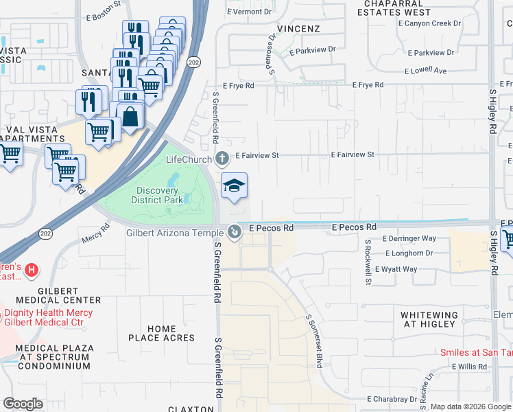 map of restaurants, bars, coffee shops, grocery stores, and more near 3122 South Penrose Court in Gilbert