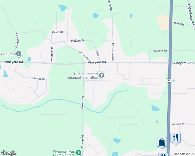 map of restaurants, bars, coffee shops, grocery stores, and more near 100 Cody Drive in Griffin