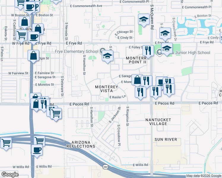 map of restaurants, bars, coffee shops, grocery stores, and more near 734 East Geronimo Street in Chandler