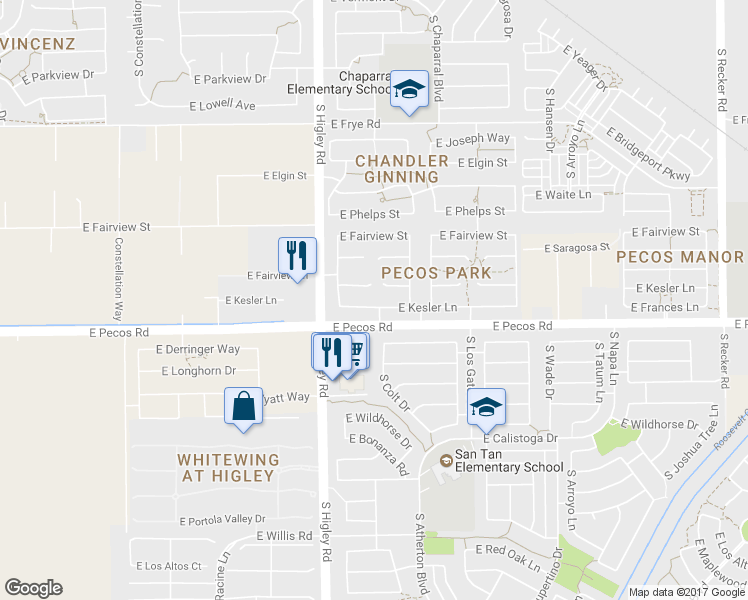 map of restaurants, bars, coffee shops, grocery stores, and more near 3308 East Kesler Lane in Gilbert