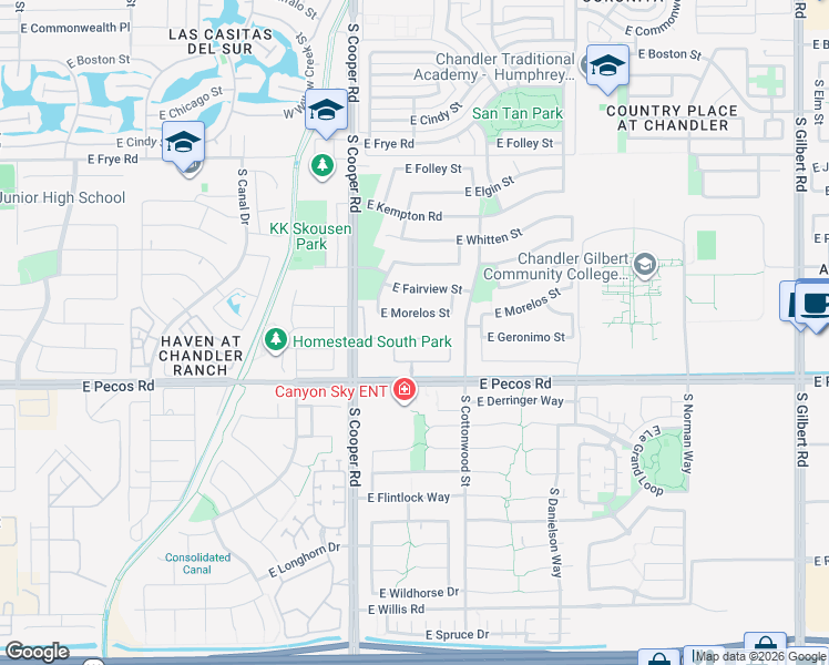 map of restaurants, bars, coffee shops, grocery stores, and more near 2173 East Morelos Street in Chandler