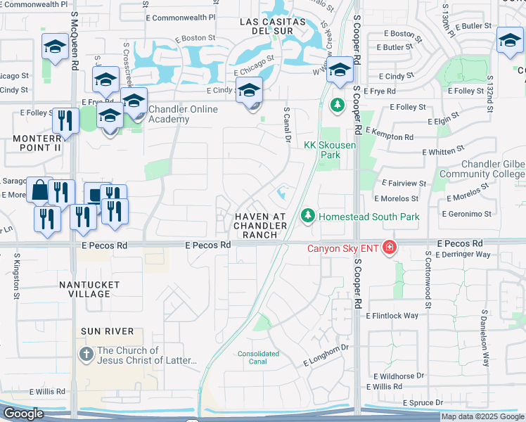 map of restaurants, bars, coffee shops, grocery stores, and more near 1700 East Geronimo Street in Chandler