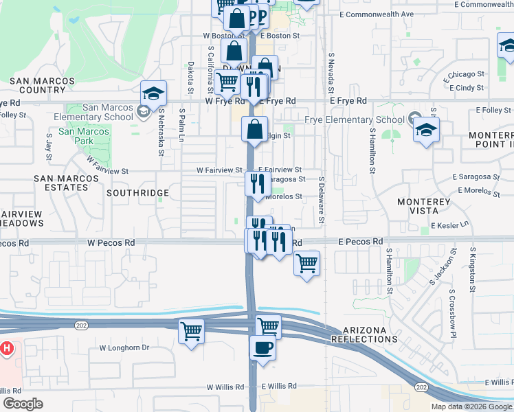 map of restaurants, bars, coffee shops, grocery stores, and more near 701 South Arizona Avenue in Chandler