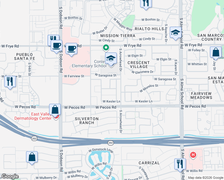 map of restaurants, bars, coffee shops, grocery stores, and more near 768 South Longmore Street in Chandler