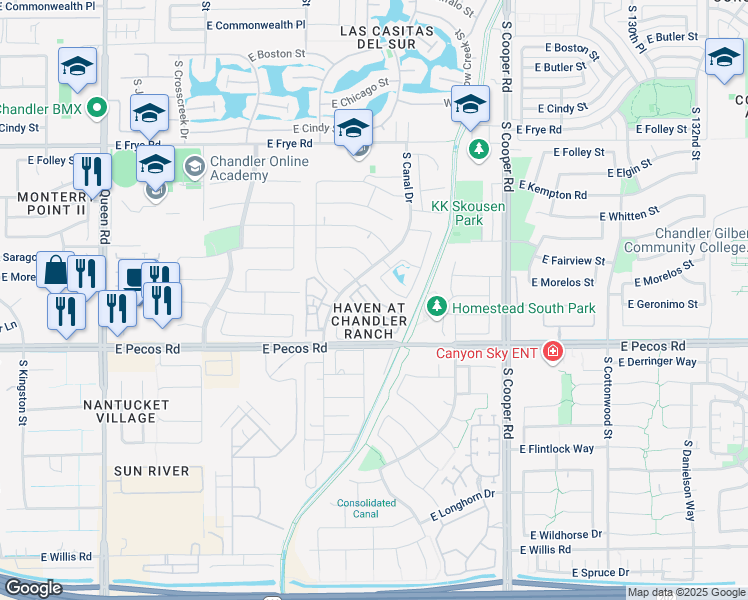 map of restaurants, bars, coffee shops, grocery stores, and more near 1700 East Geronimo Street in Chandler