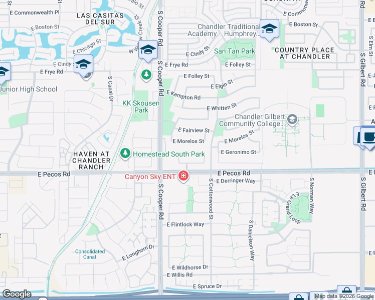 map of restaurants, bars, coffee shops, grocery stores, and more near 2173 East Morelos Street in Chandler