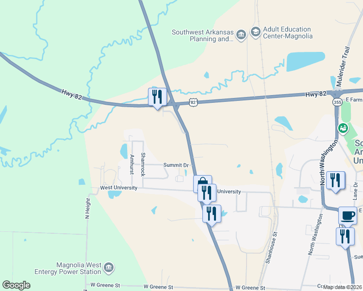 map of restaurants, bars, coffee shops, grocery stores, and more near 2801 North Vine in Magnolia