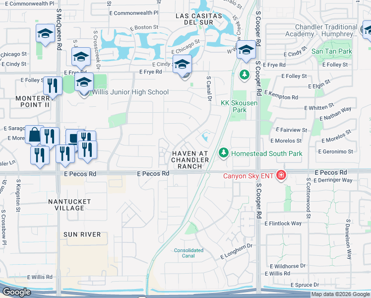 map of restaurants, bars, coffee shops, grocery stores, and more near 1700 East Geronimo Street in Chandler
