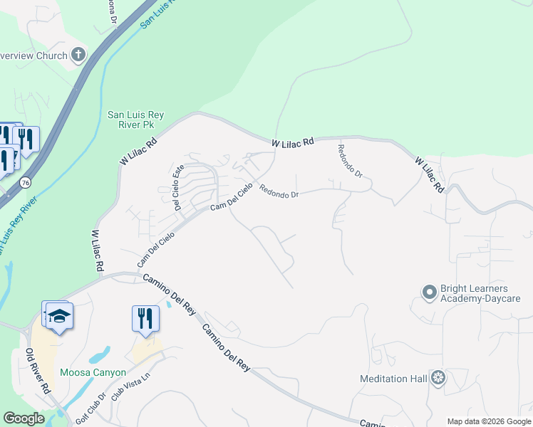map of restaurants, bars, coffee shops, grocery stores, and more near 5727 Redondo Drive in Bonsall