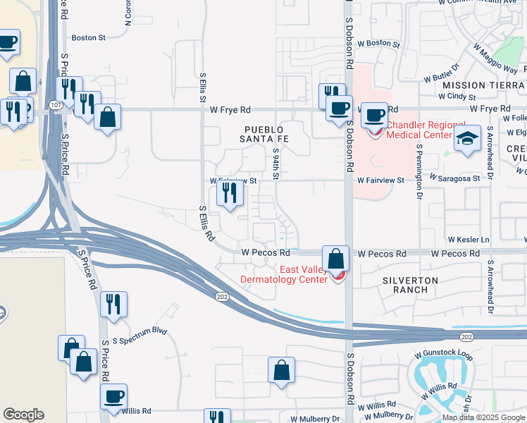 map of restaurants, bars, coffee shops, grocery stores, and more near 900 South 94th Street in Chandler