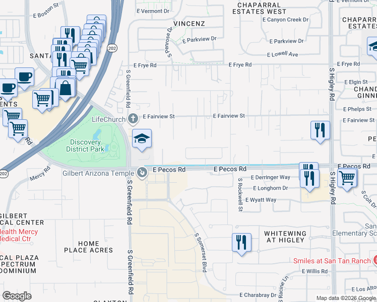 map of restaurants, bars, coffee shops, grocery stores, and more near 2632 East Geronimo Street in Gilbert