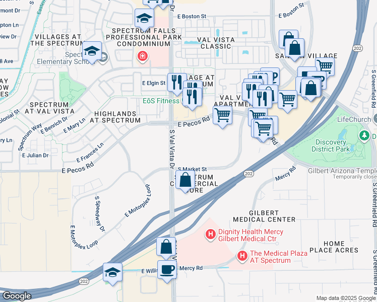 map of restaurants, bars, coffee shops, grocery stores, and more near 3285 South Val Vista Drive in Gilbert