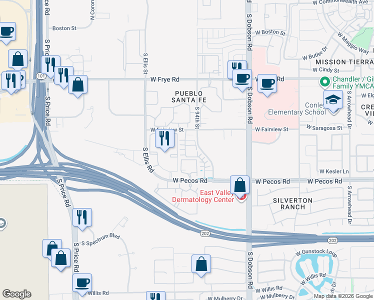 map of restaurants, bars, coffee shops, grocery stores, and more near 900 South 94th Street in Chandler