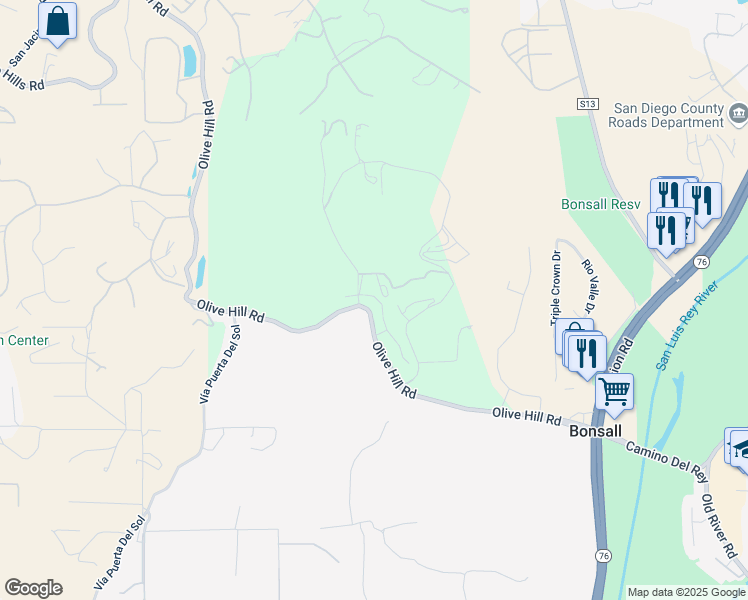 map of restaurants, bars, coffee shops, grocery stores, and more near 5374 Olive Hill Trail in Bonsall