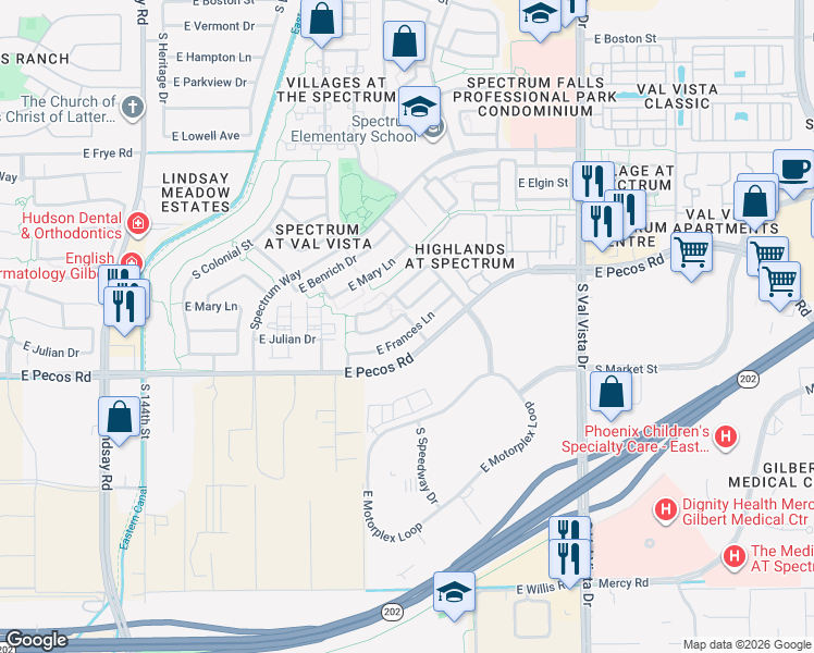 map of restaurants, bars, coffee shops, grocery stores, and more near 3116 South Passion Drive in Gilbert