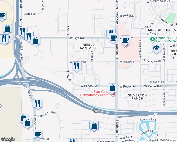 map of restaurants, bars, coffee shops, grocery stores, and more near 900 South 94th Street in Chandler