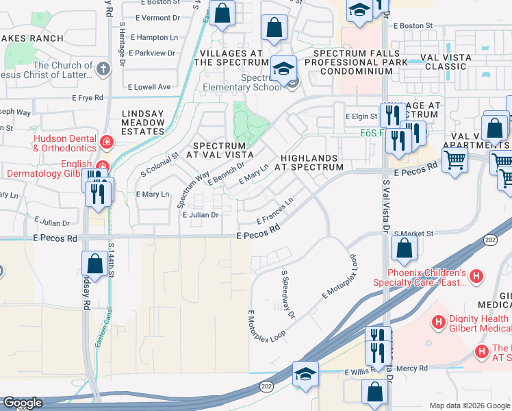 map of restaurants, bars, coffee shops, grocery stores, and more near 1232 East Julian Drive in Gilbert