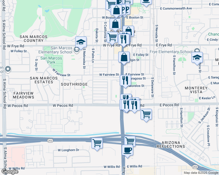map of restaurants, bars, coffee shops, grocery stores, and more near 571 South California Street in Chandler