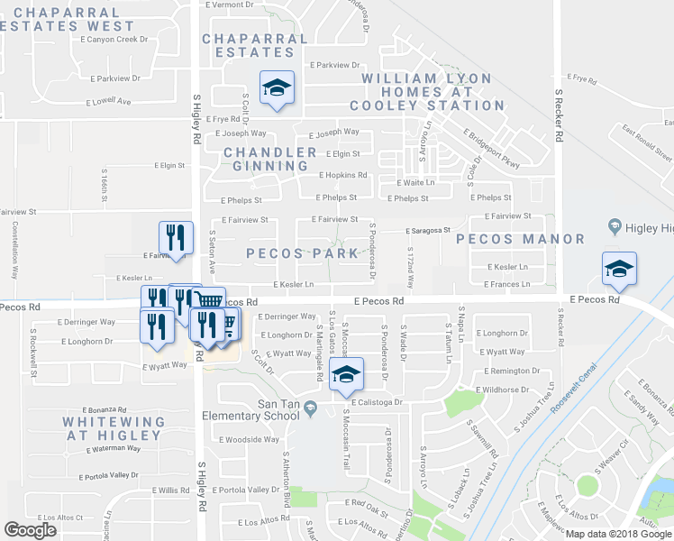 map of restaurants, bars, coffee shops, grocery stores, and more near 3532 East Geronimo Court in Gilbert