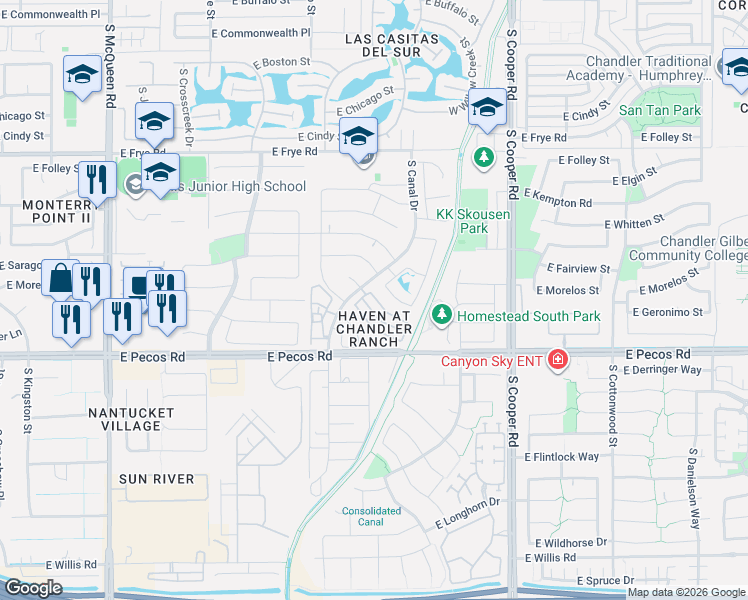 map of restaurants, bars, coffee shops, grocery stores, and more near 1700 East Geronimo Street in Chandler