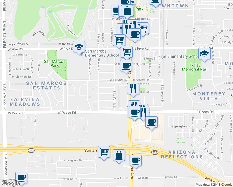 map of restaurants, bars, coffee shops, grocery stores, and more near 571 South California Street in Chandler