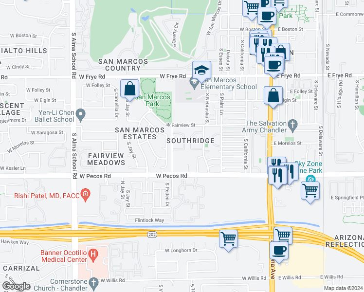 map of restaurants, bars, coffee shops, grocery stores, and more near 726 South Nebraska Street in Chandler