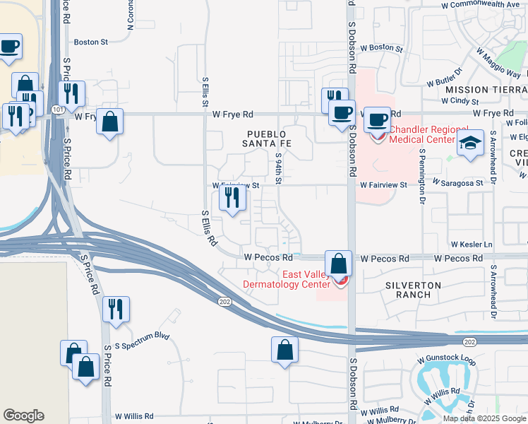 map of restaurants, bars, coffee shops, grocery stores, and more near 900 South 94th Street in Chandler