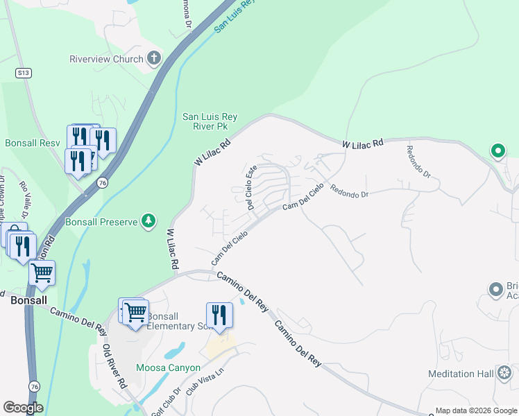 map of restaurants, bars, coffee shops, grocery stores, and more near Camino Del Cielo in Bonsall