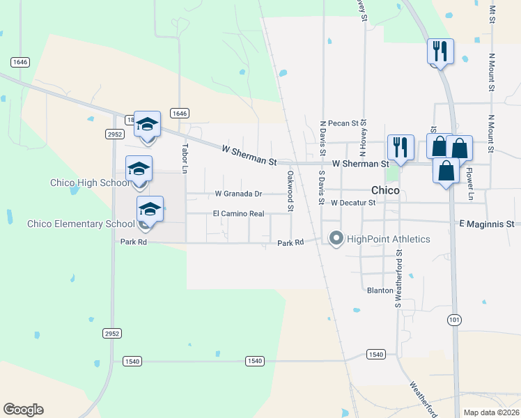map of restaurants, bars, coffee shops, grocery stores, and more near 703 West Granada Drive in Chico