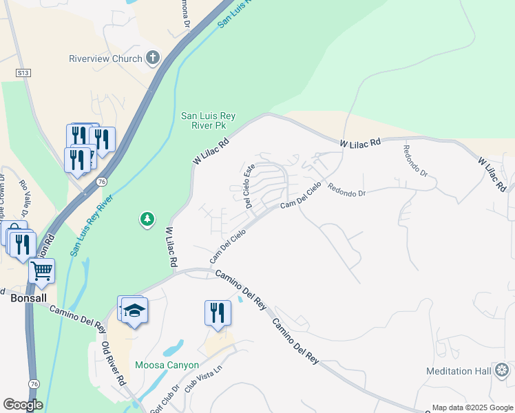 map of restaurants, bars, coffee shops, grocery stores, and more near 31909 Del Cielo Este in Bonsall