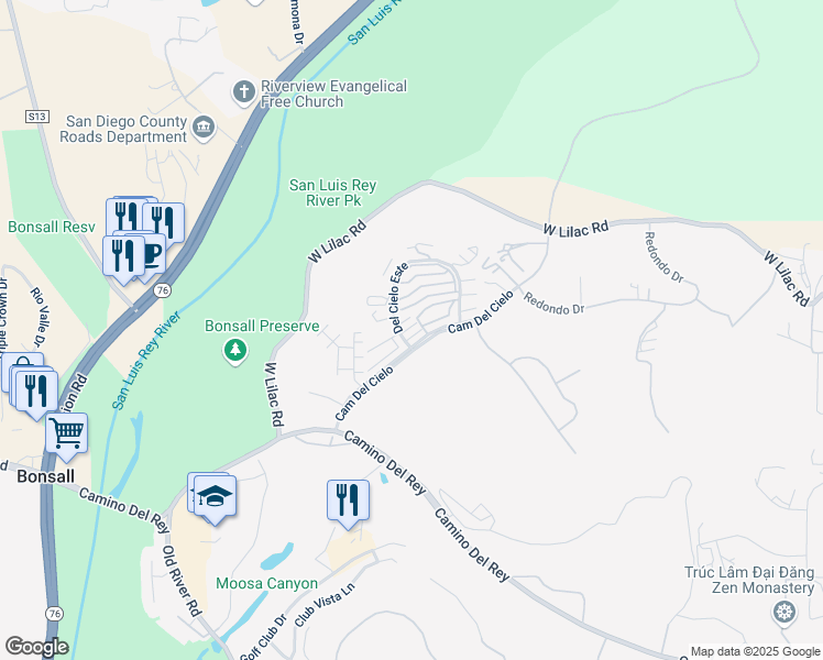 map of restaurants, bars, coffee shops, grocery stores, and more near 31909 Del Cielo Este in Bonsall