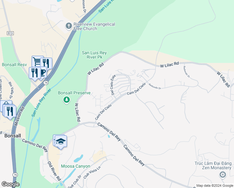 map of restaurants, bars, coffee shops, grocery stores, and more near 31909 Del Cielo Este in Bonsall