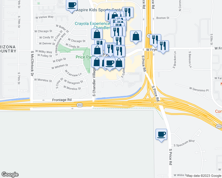 map of restaurants, bars, coffee shops, grocery stores, and more near 595 South Galleria Way in Chandler