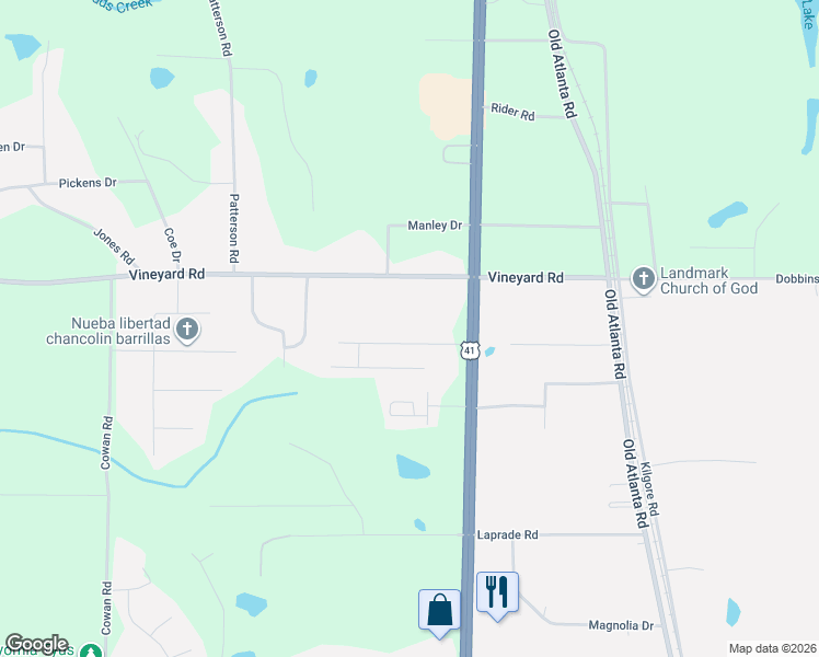 map of restaurants, bars, coffee shops, grocery stores, and more near 218 Vineyard Road in Griffin