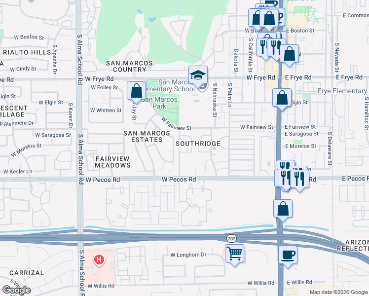 map of restaurants, bars, coffee shops, grocery stores, and more near 675 South Vine Street in Chandler