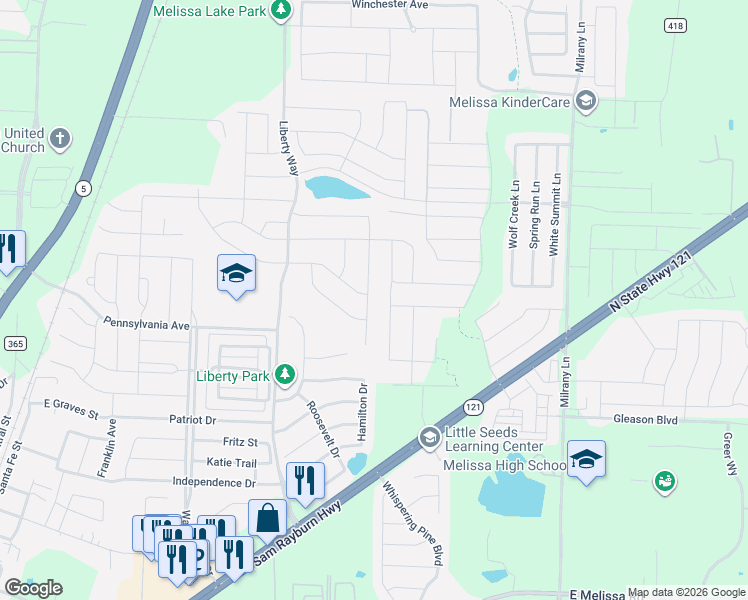 map of restaurants, bars, coffee shops, grocery stores, and more near 2911 Patton Drive in Melissa