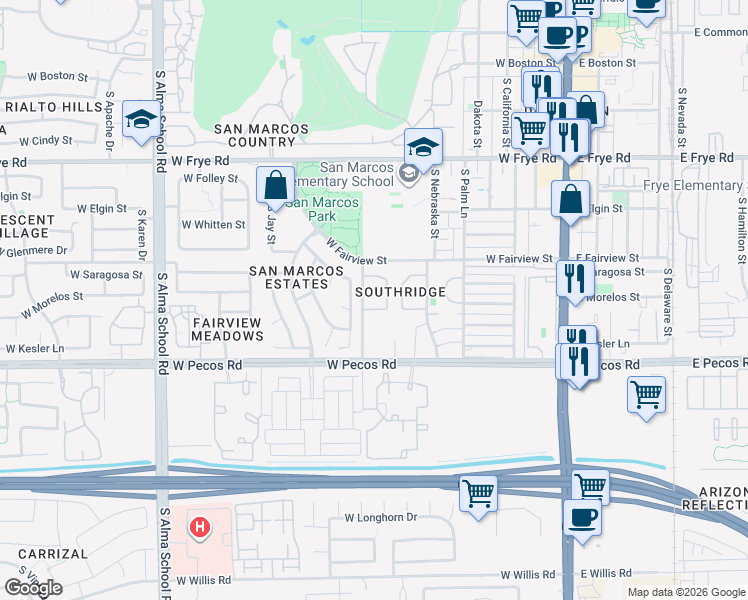 map of restaurants, bars, coffee shops, grocery stores, and more near 675 South Vine Street in Chandler