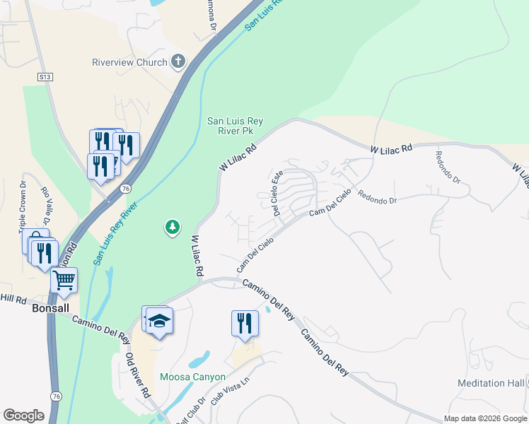 map of restaurants, bars, coffee shops, grocery stores, and more near 31916 Del Cielo Este in Bonsall