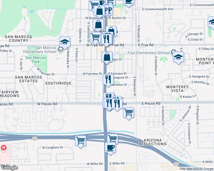map of restaurants, bars, coffee shops, grocery stores, and more near 701 South Arizona Avenue in Chandler