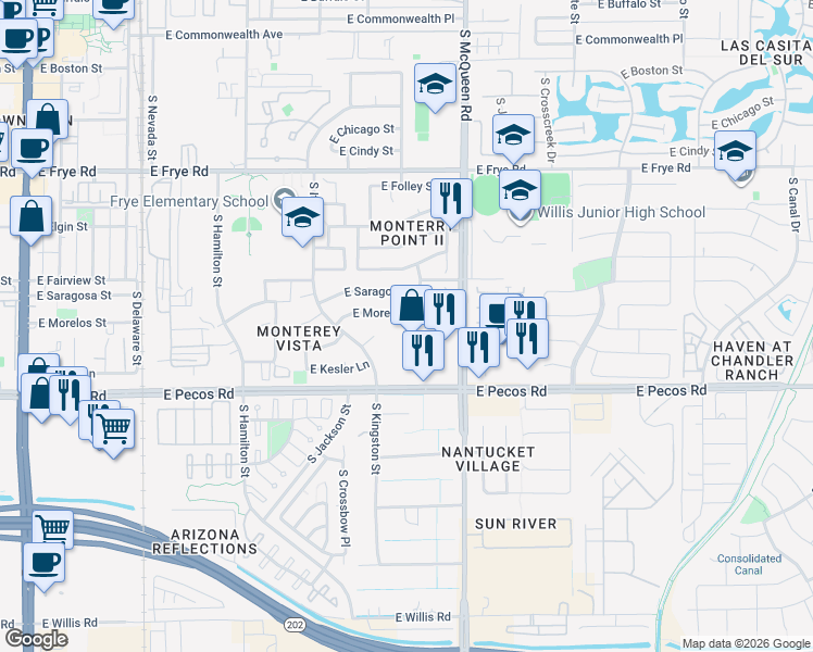 map of restaurants, bars, coffee shops, grocery stores, and more near 907 East Morelos Street in Chandler