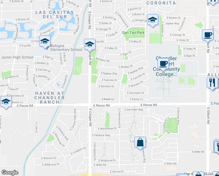 map of restaurants, bars, coffee shops, grocery stores, and more near 2173 East Morelos Street in Chandler