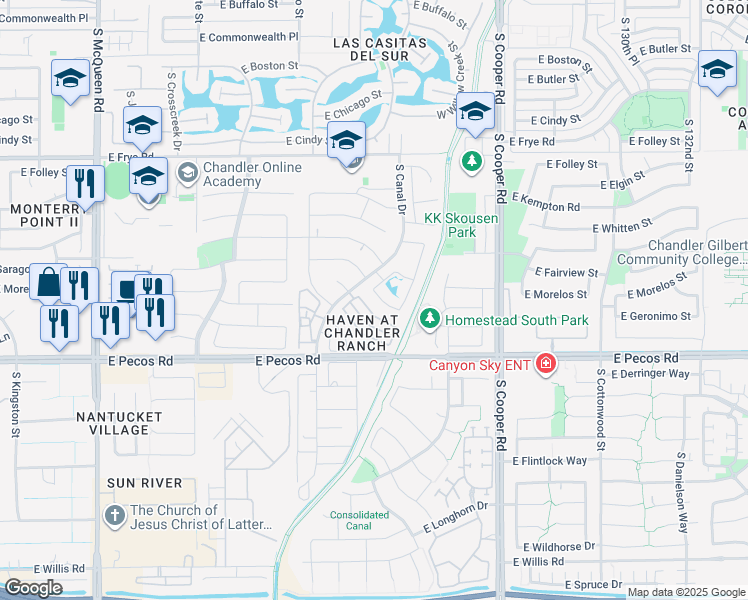 map of restaurants, bars, coffee shops, grocery stores, and more near 1700 East Geronimo Street in Chandler