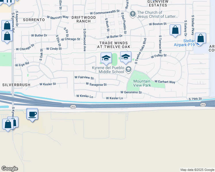map of restaurants, bars, coffee shops, grocery stores, and more near 5189 West Saragosa Street in Chandler