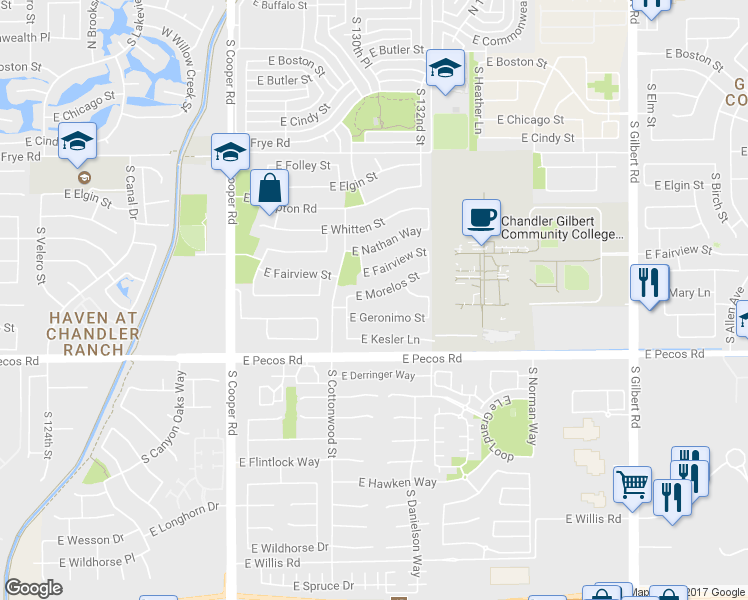 map of restaurants, bars, coffee shops, grocery stores, and more near 2383 East Morelos Street in Chandler