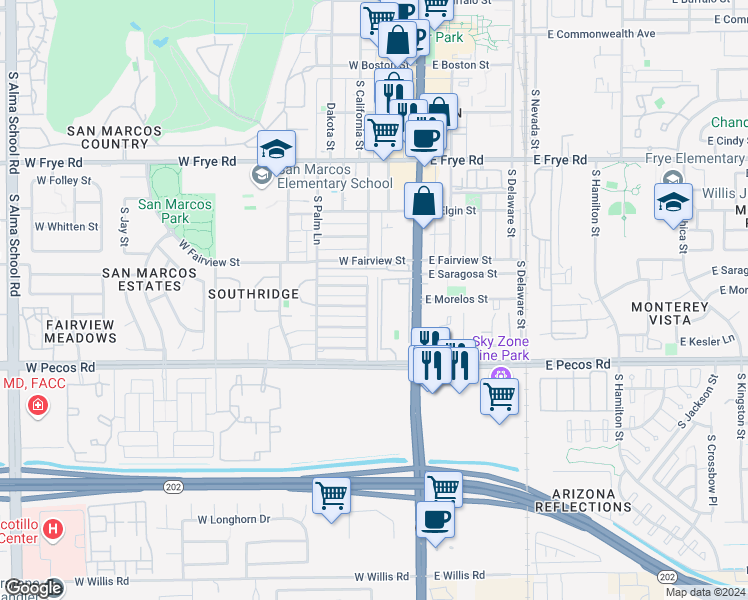 map of restaurants, bars, coffee shops, grocery stores, and more near 571 South California Street in Chandler
