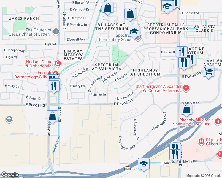 map of restaurants, bars, coffee shops, grocery stores, and more near 3105 South Southwind Drive in Gilbert