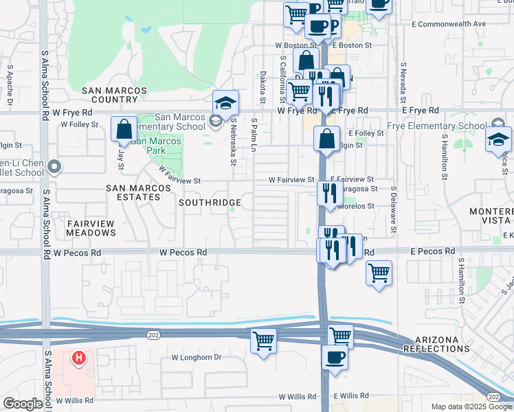 map of restaurants, bars, coffee shops, grocery stores, and more near 181 West Morelos Street in Chandler