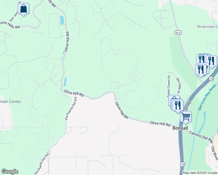 map of restaurants, bars, coffee shops, grocery stores, and more near 5374 Olive Hill Road in Bonsall